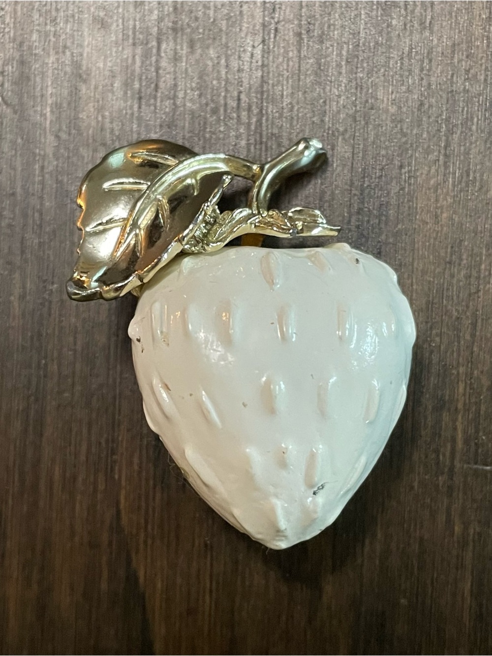 Vintage White Enamel & Gold Tone Strawberry Brooch By Celebrity N.Y 1.5" by 1.5"